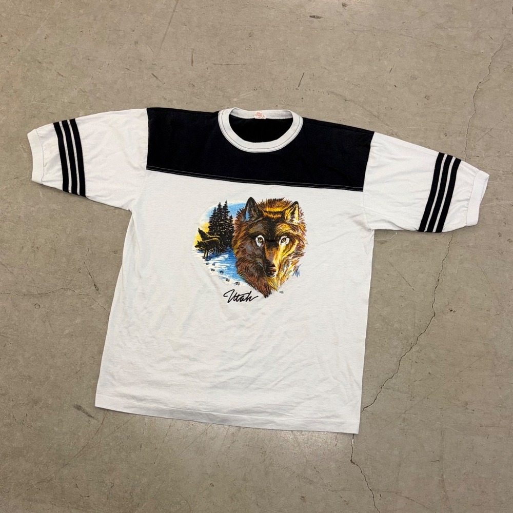 Vintage 1989 Utah Wolf T Shirt Alore Made in USA 80s Graphic Tee White Black